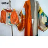 Kvinnors tvåbitar byxor Winyi Twopiece Suit Boho tryckt över storlek Vneck långärmad klänning Kvinnor Silkkänsla Golvlängd Fashion Dress 220906