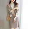 Two Piece Dress French Vintage Jacquard Knitted Suit Women Contrast Color Vneck Single Breasted Short Cardigan Mini Skirts Sets Chic Outfit 220906