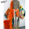 Kvinnors tvåbitar byxor Winyi Twopiece Suit Boho tryckt över storlek Vneck långärmad klänning Kvinnor Silkkänsla Golvlängd Fashion Dress 220906