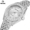 Mujeres de pulsera Pintime helado Reloj de cuarzo para hombres Mujeres Unisex Luxury Diamond Hip Hop Rhinestone Sliver Wallwatch Mujer Reloj