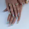 False Nails 24pcs Golden Line Manicure Fake Long Ballerina Wearable Coffin Full Cover Akryl Nail Tips Tryck p￥