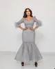 Silver Mermaid Evening Dresses Long Sleeves Bateau Neck Feather Lace Appliques Shiny Sequins Beaded Floor Length Celebrity Plus Size Party Gowns Prom Dress