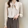 2022 Autumn Silk Elegant Bluses Woman Long-Sleeved Bow Blue Women Button Slim V-Neck White Shirt Woman Temperament Ny