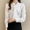 2022 Autumn Silk Elegant Bluses Woman Long-Sleeved Bow Blue Women Button Slim V-Neck White Shirt Woman Temperament Ny