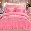 Розовый кружевной жаккардовый комплект постельного белья King Queen Size 4/6 шт. Роскошный свадебный домашний текстиль из шелка/хлопка с вышивкой Пододеяльник Простыня Наволочки