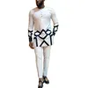 Men's Tracksuits Set Man 2 Pieces Wedding Prom Dashiki Outfit Printed Long Sleeve Shirt White Trouser Suits For 2 220926