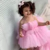 2022 Lovely Pink Flower Girls Dresses Jewel Neck Nislusion Tulle Tiered Ruffles High Low Sweep Train 어린이 생일 소녀 대회 가운