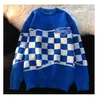 Herfst dames mode blauwe truien prachtige geruit gebreide merk los en casual pullover houden warme tops chique vrouwelijke lange mouwen gebreide kleding kerstmis