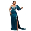 2022 Superbe côté fendu gaine robes de bal manches longues perles de cristal satin balayage train robes de soirée pure épaule occasion spéciale porte turquoise