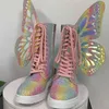 Stiefel Schmetterlingsflügel Frauen Schuhe Glanz Silber Leder Flache Turnschuhe Schnürung Damen Knöchel High Top Freizeitplattform 2022 220901