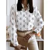 Kvinnors blusar Spring Autumn White Black Print Casual Shirts toppar kvinnor långärmad blus och skjorta damer lapel krage kvinnor