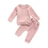 Kl￤der s￤tter 2st barn Autumn Tracksuit Solid Color Thick l￥nga ￤rmar Pullover Shirt Casual Pants For Little Boys Girls 0-24 m￥nader