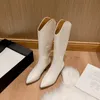Nya kvinnors stövlar Fashion Designer Knight Boots Long Tube Tjock Mouth Shoes Pointed Leather Martin Shoes Flat High Heels Winter Warm 35-40