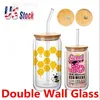 USA Warehouse 16oz Mugs Double Wall Glass Sublimation Blanks Förskrivna Snow Globe Tumbler Mason Jar Mugg med bambu lock halm grossist