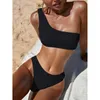 Damen Bademode Schwimmen Sexy One Shoulder Bikinis Bandeau Damen 2022 Gerippte Damen Badeanzüge Badeanzüge Solide Brasilianisches Biquini Set