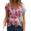 Women's T Shirts 2022 Summer Women's Floral Theme Abstract Painting Shirt Graphic Print V Neck Basic Tops Blue Purple Pink / 3D