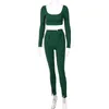 Women's T Shirts Women 2 PCS Ribbed Stripe U Neck Long Sleeve Bodycon Crop Top Leggings With Buttons 2022 Fall Elegant Tracksuit