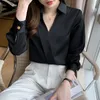 Långärmad kontorsskjorta kvinnor mode ny satin siden blus 2022 vår casual elegant sexig v-ringad damtröjor toppar blusar