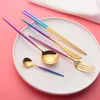 Flatware sets kleurrijke bestek set roestvrijstalen stalen eetstokjes dinermes lepel vork theelepel tafelgerei kerstviergift cadeau feestje