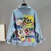 Vestes pour femmes à la mode printemps femme bleu veste en jean personnalité peint à la main graffiti rivets décontracté européen paillettes manches longues