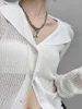 القمصان النسائية للسيدات 2022 الخريف امرأة مثير أزياء خمر الخامس زر العنق harajuku y2k انظر من خلال أبيض عارضة سيدات طويلة الأكمام