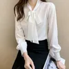 2022 Autumn Silk Elegant Bluses Woman Long-Sleeved Bow Blue Women Button Slim V-Neck White Shirt Woman Temperament Ny