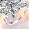 Cute Female Pink Crystal Stone Finger Ring Charm Silver Color Thin Wedding Rings For Women Bride Flower Zircon Engagement Bands