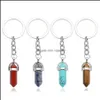 Keychains Natural Stone Crystal Key Rings Handtas Dange Holder Keychains zeshoekige kolom Pendum Amet Real Agates Tiger Dhseller2010 DH4IM