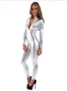 Costumes Catsuit dorés à fermeture éclair sur le devant pour femmes, body en Lycar Spandex à manches longues, métallique brillant, vêtements de danse Zentai