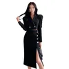 Tweedelige jurk Tweedelige jurk Mode lenteset Dames OL zwarte korte jas en split midi rok Slanke pakken