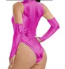 Sexy femmes Zentai Catsuit Costumes body brillant métallisé Zip dos T justaucorps coupe haute sans manches avec manche de bras déguisement