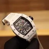 030 Белый Rush A21J Автоматические мужские мужские часы 2022 Керамический корпус скелетный циферблат Маркеры белый резиновый ремешок 3 стиль Puretime B2