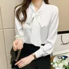 2022 Autumn Silk Elegant Bluses Woman Long-Sleeved Bow Blue Women Button Slim V-Neck White Shirt Woman Temperament Ny