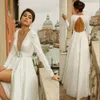 2022 Wedding Dresses A Line Formal Bridal Gowns Arabic Simple Sexy V Neck Illusion Boho Long Sleeves Satin Backless Beach Floor Length Plus Size Side Split Sashes