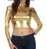Sexiga kvinnor Shiny Metalic Catsuit Costumes L￥ng ￤rm h￥lig nacke Turtleneck Crop Top Costume Cosplay Evening Club High Party kl￤der