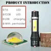 Przenośna latarka LED T6 Cob Światła Latka Latka Wbudowana Zoom Battery Zoom Freatlight 3 Wodoodporna pochodnia awaryjna J220713