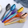 Platthandwerte Sets 3propes farbenfrohe Gold Edelstahl großer Salat Serving Löffel Gabel Spork Colander Löffel Set Küchen Utensilien Tabelle Geschirr