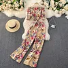 Women's Tracksuits 2022 Summer Holiday Flower Printted 2 Piece Set Elastic Short Sleeve Slash Neck Collar Tops And High Waist Wide Leg Pants