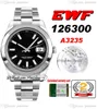 EWF Just 126330 A3235 Automatic Mens Watch 41 Polished Bezel Black Dial White Stick Markers OysterSteel Bracelet Super Edition Free Same Series Card Puretime D4