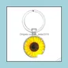 Keychains Sunflower Keychain Colorf Round Flower Image Car Key Chain Bag Charm Metal Ring Gift Female Girl Women Men Drop Delivery 20 Dhane