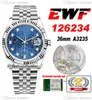 EWF Just 126234 A3235 Automatic Unisex Watch Mens Ladies 36 Fluted Bezel Blue Logo Diamonds Dial JubileeSteel Bracelet Super Edition Same Series Card Puretime A1