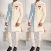 Costumes pour hommes Blazers Design de mode Blanc Col montant Simple boutonnage Ethnique Indien Tuxedo Groom Costumes longs pour hommes Mariage Formelle Slim Fit Wear 2Pc 220909
