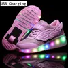 Sneakers crianças uma duas rodas luminosa tênis brilhante tênis ouro rosa led roller skate sapatos crianças sapatos led meninos garotas USB Charging 220909