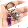 Keychains Alloy Sun Moon Charms Keychain Natural Stone Hexagonal Par Keyrings Women Rose Quartz Key Chains Trinket Wedding Dhjgm