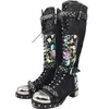 Boots Rivets Studded Buckle Knee High Women Embroidered Leather Print Flower Flat Motorcycle Winter Shoes Woman 220901