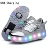 Turnschuhe Kinder One Two Wheels Luminous Glowing Sneakers Gold Pink Led Light Roller Skate Shoes Kids Led Shoes Boys Girls USB Charging 220909