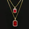 2-teiliges Rubin-Halsketten-Schmuckset, Silber vergoldet, Iced Out, quadratischer roter Anhänger, Hip-Hop-Box-Kette254x