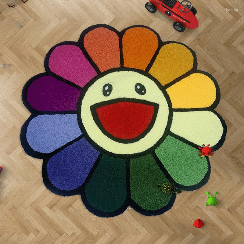 Carpets INS Cartoon Flower Round Carpet Anti-slip Children's Playground Soft Plush Rugs Coffee Table Rug Living Room Decor Floor Mats
