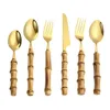 Bamboo Handle Flatware Set Stainless Steel Dinner Knife Fork Dessert Spoon Cutlery Sets SN4685