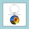 Keychains Sunflower Keychain Colorf Round Flower Image Car Key Chain Bag Charm Metal Ring Gift Female Girl Women Men Drop Delivery 20 Dhane